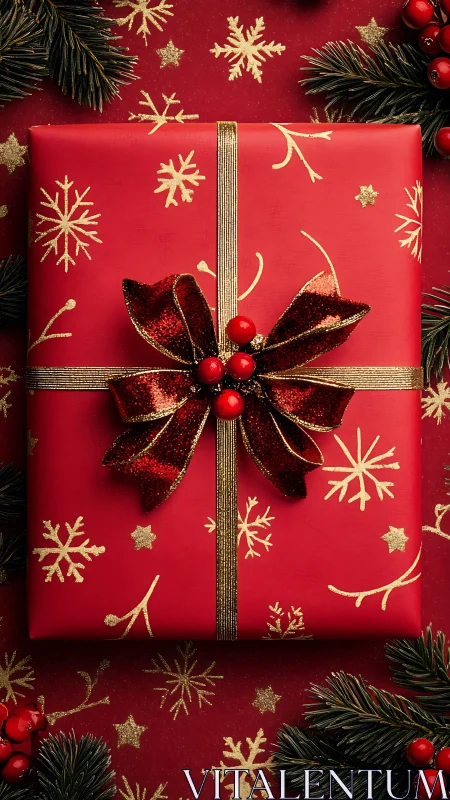 Photorealistic red gift box with gold snowflake pattern wrap.