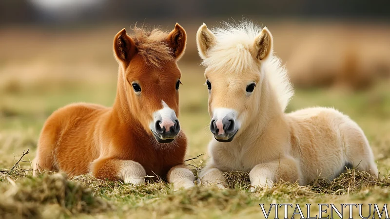 Gentle pony foals rest together in a soft golden meadow