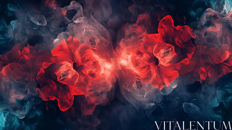 Crimson nebula clouds swirl through deep cosmic shadows.