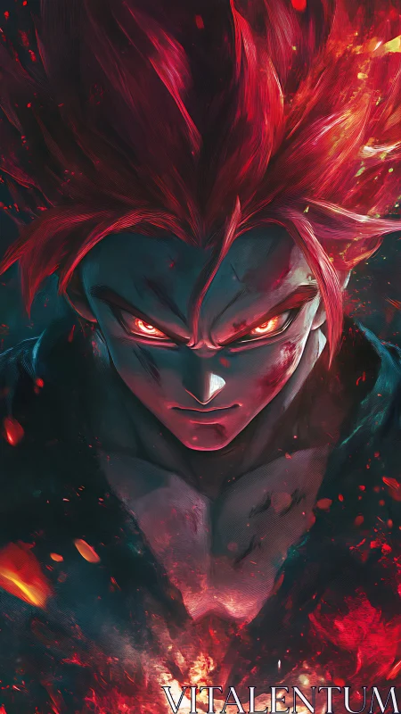 Fiery anime warrior glowing with fierce determined power.