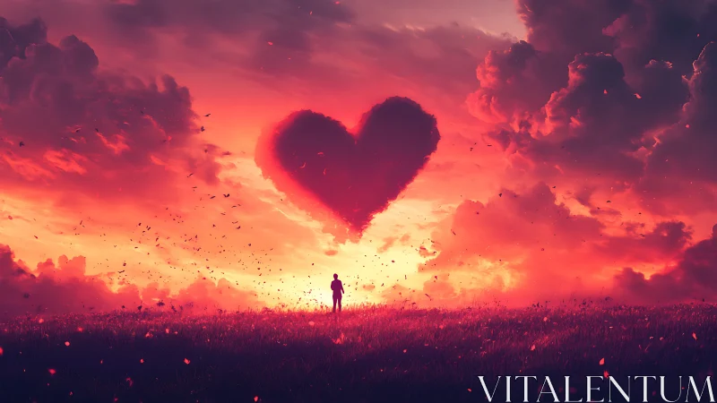 Solitary figure gazes at heart-shaped cloud in burning sunset.