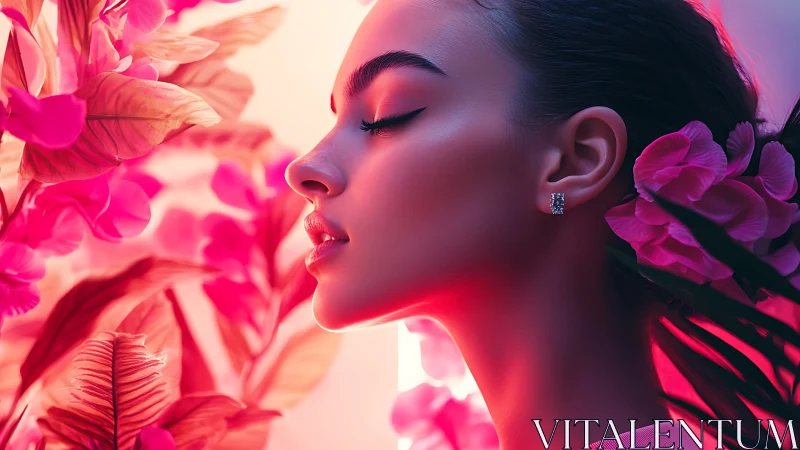 Serene woman in neon pink blossoms embraces glowing calm