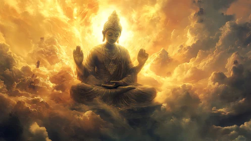 Radiant golden Buddha seated in celestial volumetric cloudscape