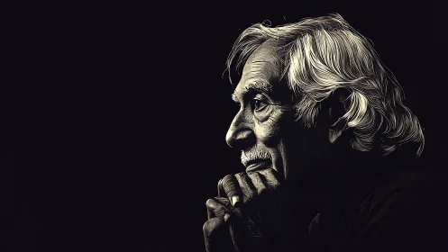 Quietly lit portrait of a reflective elderly dreamer at rest.