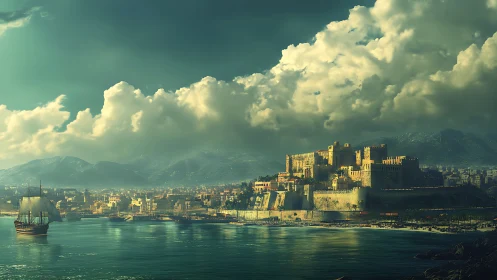 Coastal fortified city with harbor and mountains under clouds