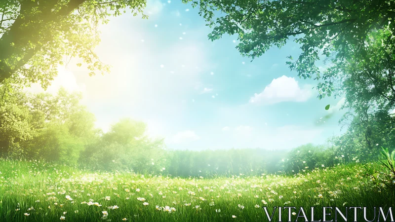 Sunlit spring meadow opens toward distant forest edge