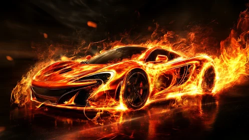 Flaming supercar erupts through darkness in molten motion.