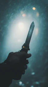 Hand holds vertical knife against diffuse backlit haze