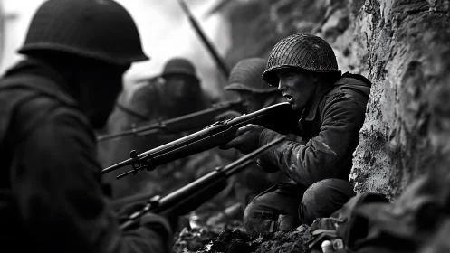 World War infantry squad under fire in gritty trench combat.