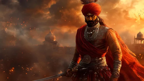 Warrior prince stands before burning palace at dusk