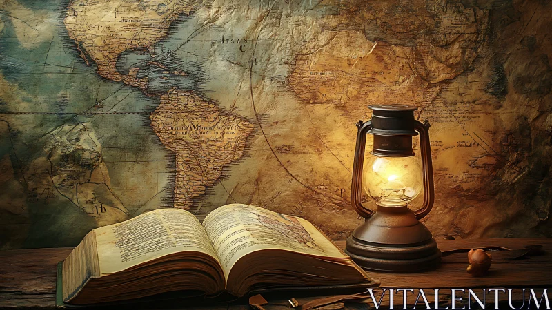 Lantern-lit atlas dreams over weathered world map pages.