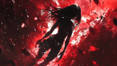 Silhouetted combatant descends through red particulate energy field