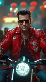 Confident biker in red jacket cuts through neon city night