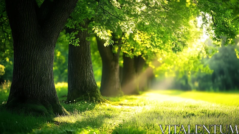 Sunlit Forest Path with Lush Green Trees in Morning Light.