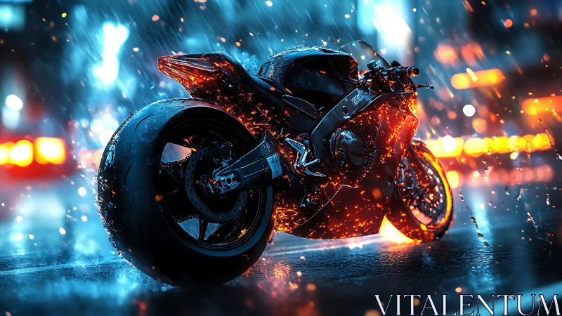 Cyberpunk superbike ignites wet neon city street at night.