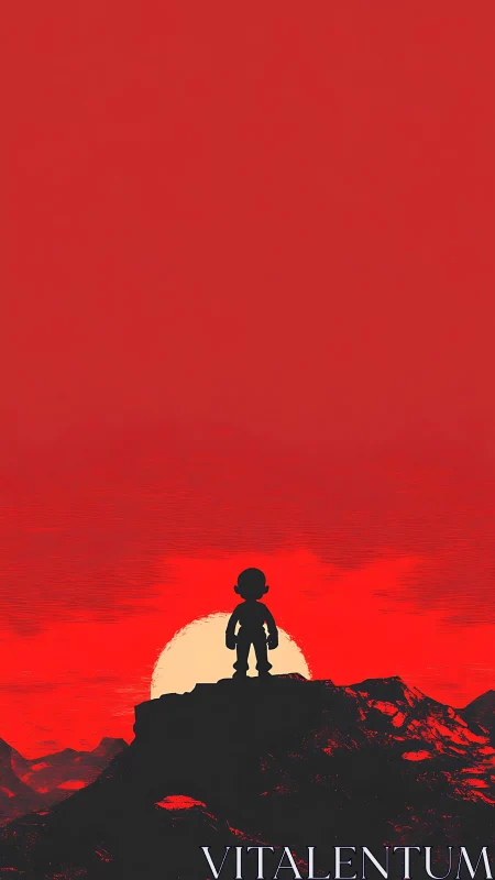 Childlike silhouette watches a blazing red planetary sunset