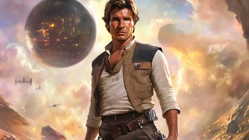 Galactic pilot stands boldly before a glowing battle station