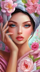 Blossom crowned beauty with bright eyes and soft pink glow.