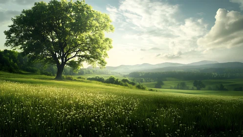 Solitary deciduous tree in sunlit meadow with distant ridges