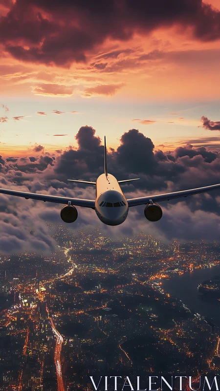 Commercial jet above illuminated city at dusk sky period.