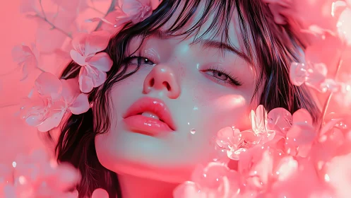Dreamy neon muse adrift in soft electric blossoms.