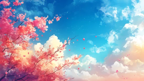 Digital painting of cherry blossoms against radiant sky.