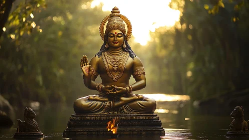 Golden river deity statue illuminated by backlit forest haze