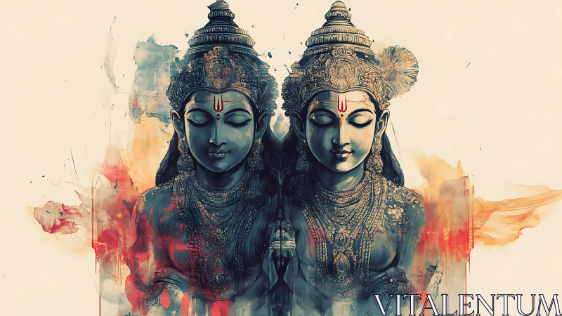 Twin divine statues merge into vibrant abstract aura