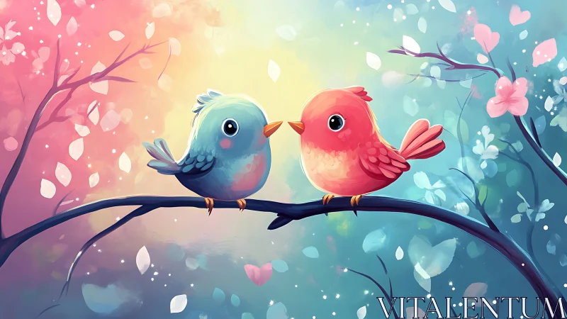 Two feathered sweethearts share secrets on springtime branch