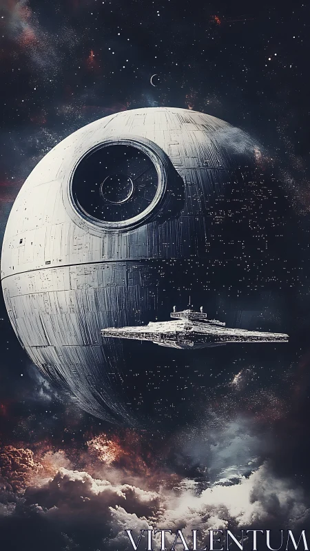 Massive spherical battle station with star destroyer in space.