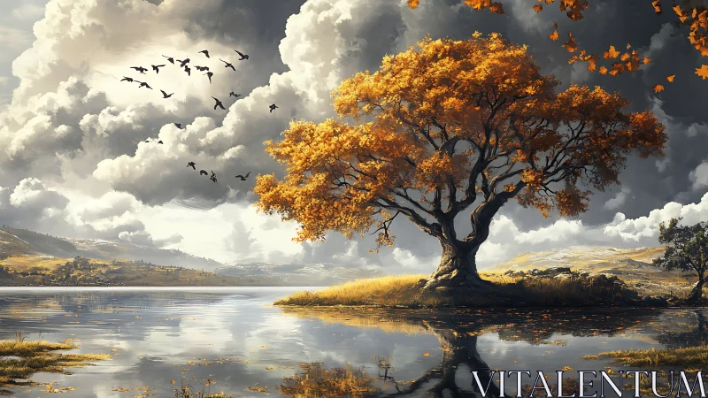 Autumn oak by reflective lake under cumulus storm buildup