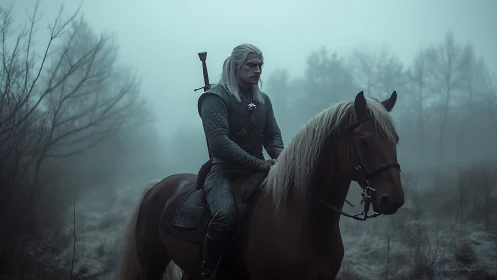 Silver-haired warrior rides through mist-shrouded forest at dawn.