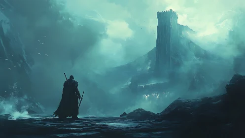 Solitary cloaked warrior before storm-shrouded fortress.