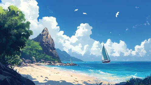 Sunlit tropical cove with sailing boat under bright skies.