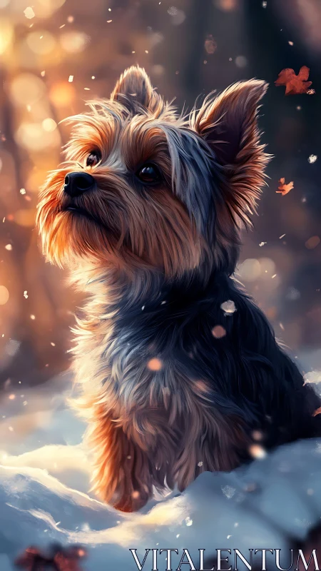 Yorkshire terrier gazes upward in softly glowing winter light.