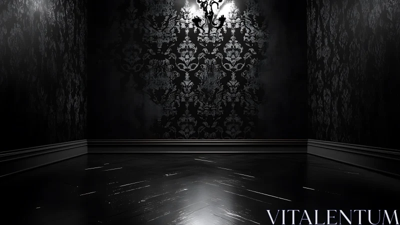 Specular-lit baroque wallpapered corner with reflective floor.