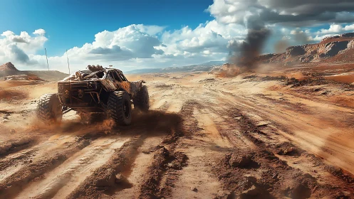 Armored off-road buggy racing through cinematic desert wasteland