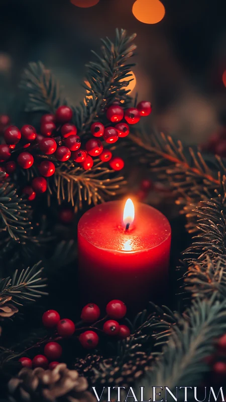 Soft red candlelight glows among winter berries and pine