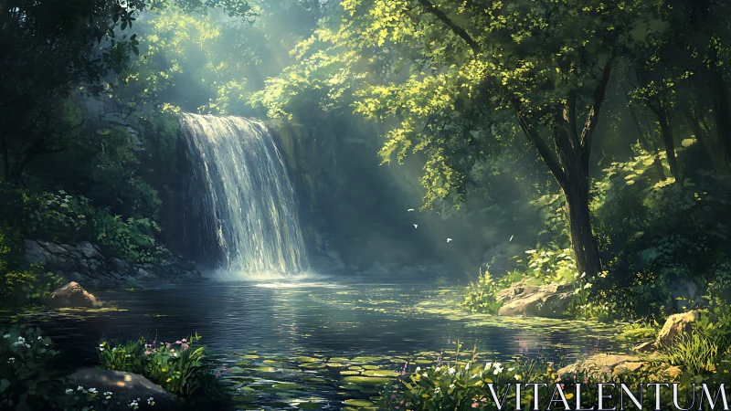 Sunlit forest waterfall inviting you into calm, quiet wonder.