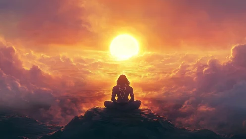 Solitary figure meditates above clouds in radiant sunset glow