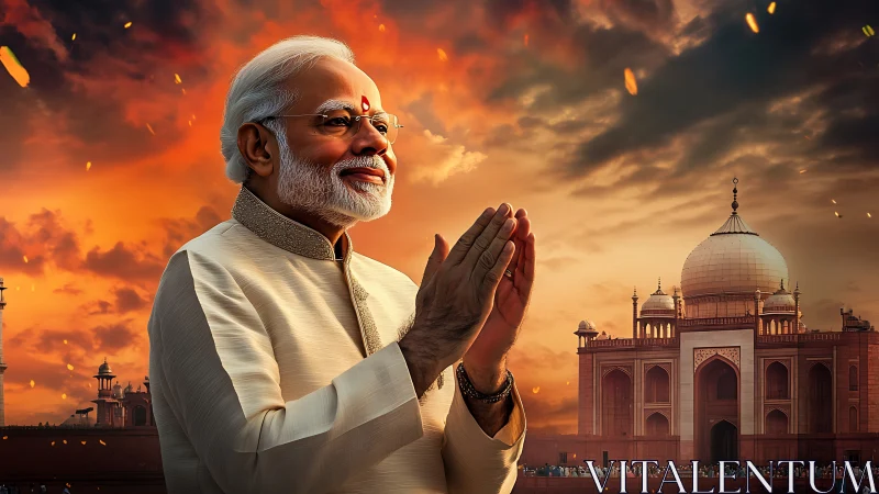 Sunlit elder in prayer beside glowing Mughal monument sky.