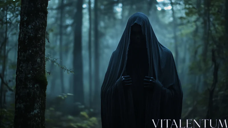 Shrouded spectral figure haunts mist-drenched forest path.