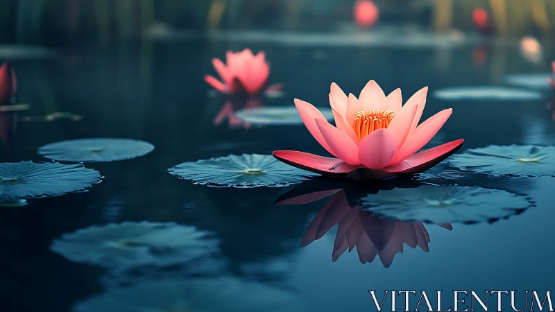 Pink Lotus Floating in Still Tranquil Waters.