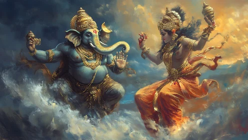 Divine dance of Ganesh and goddess amid storm clouds.