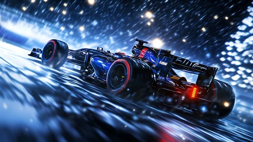 Rainlit formula racer shredding neon-soaked night circuit.