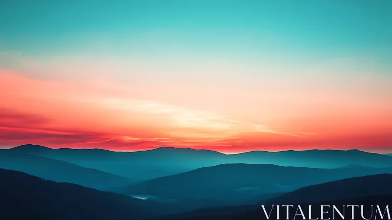Dreamy pastel sunset drifting over calm blue mountains.