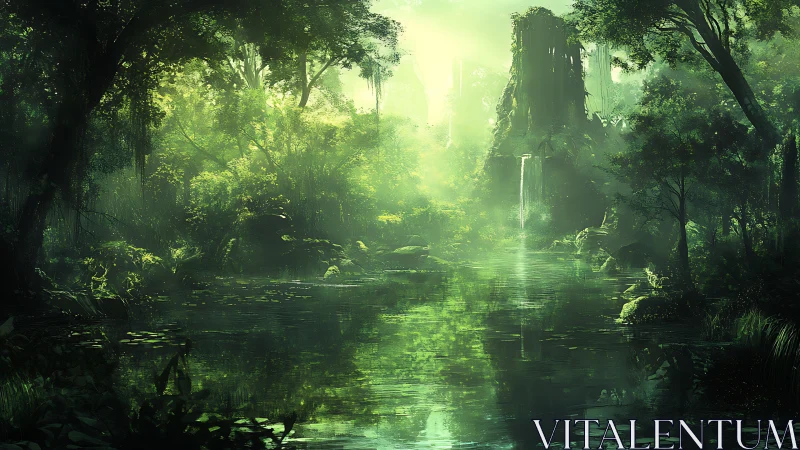 Luminescent Forest Sanctuary with Waterway and Ancient Tower.