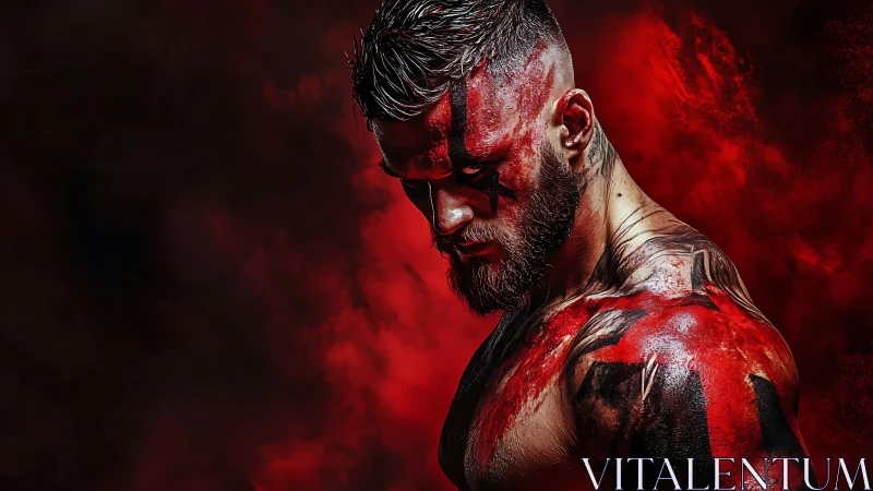 Photorealistic warrior portrait with dramatic red warpaint lighting.