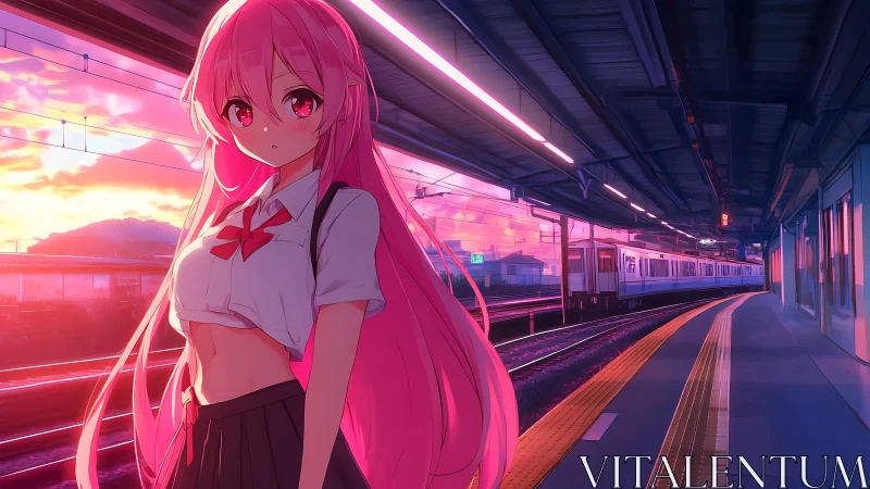 Soft sunset waits with a pink haired girl at quiet station