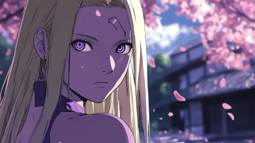 Anime heroine under cherry blossoms in quiet village street.